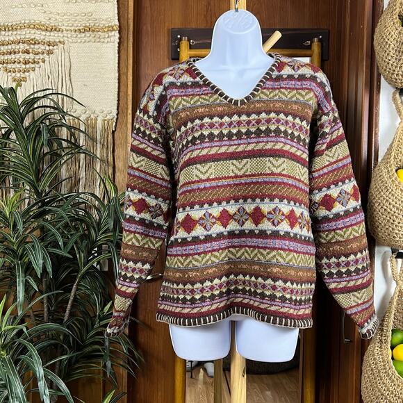 Vintage 90s Woolrich Wool Sweater L Fair Isle Floral Knit Hong Kong Boho Cottage - Picture 1 of 14